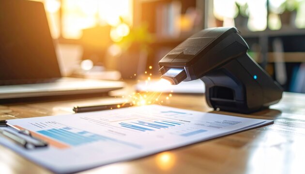 Modern Business Office with Scanner and Document Analysis Process - Powered by Adobe