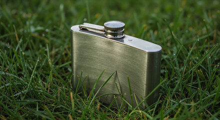 Stainless steel flask placed on wet grass with droplets 