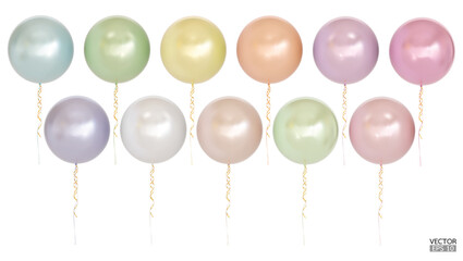 Set of realistic vector colorful balloons isolated on white background. Helium balloons clipart for anniversary, birthday, wedding, party. 3D vector illustration.