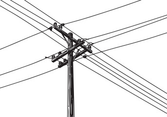 Fototapeta premium Line art illustration of a wooden electric pole with power lines