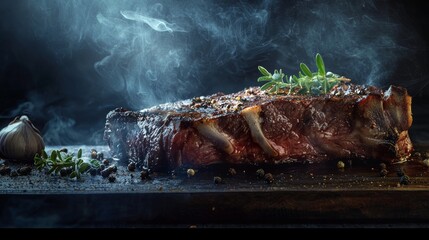 Grilled steak on wooden board with smoke and herbs in dark rustic background for food styling