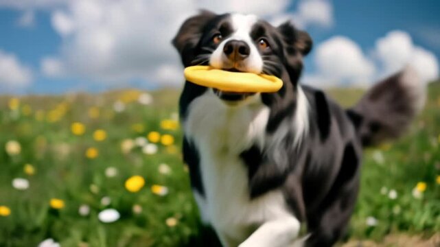 Energetic Border Collie Dog Happily Catches a Yellow Frisbee in a Vibrant Green Field