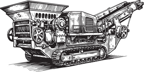 Detailed line art illustration of a heavy-duty industrial rock c