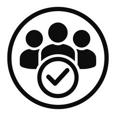 Illustration of three people icon inside a circle with a check mark inside another circle below them on transparent background