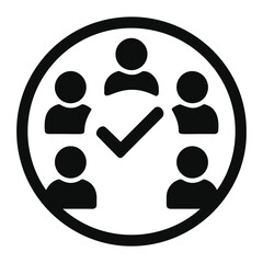 Black circle containing five people icons and a check mark in the center of the circle icon on transparent background