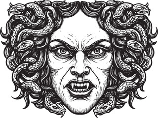 Obraz premium Intricate Black and White Illustration of Medusa's Face with Sna