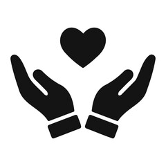 Two hands cupped upwards holding a heart shape floating above them in a black and white image on transparent background