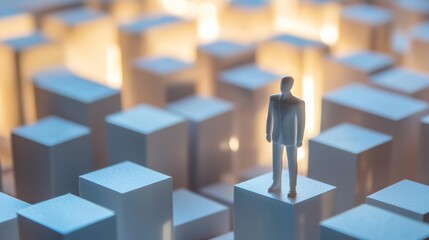 Conceptual image of miniature person standing among many 3D cubes for business decision metaphor