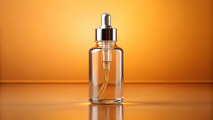 Clear glass oil dropper bottle on pale orange background