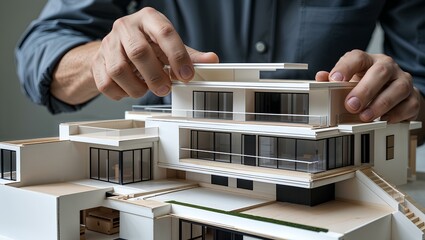 A close-up of an architect carefully assembling a detailed architectural scale model of a modern house