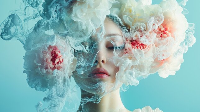 Woman’s face covered in cloudlike smoke with floral elements for dreamy surreal fashion portrait