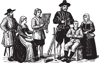 An Illustrative Depiction of Medieval People in Historical Cloth