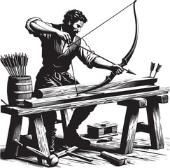 Craftsman shaping a bow with vintage tools, woodcut style for hi