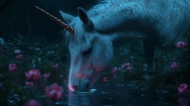 Mystical unicorn drinking water from magical pond with pink lotus flowers in dark forest at night. Fantasy digital art concept for fairy tale, children book illustration
