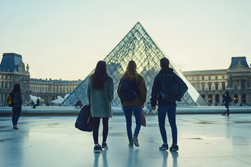 Obraz premium Young adults exploring glass pyramid landmark travel photography