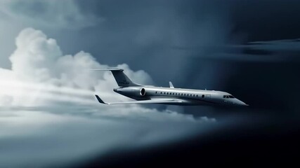 AI generated illustration of a private jet soars through a dramatic, stormy sky with lightning