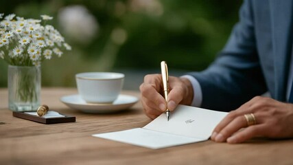 Capture the art of gratitude with a serene scene of writing a thank you note at a wooden desk, accompanied by a steaming cup of tea.