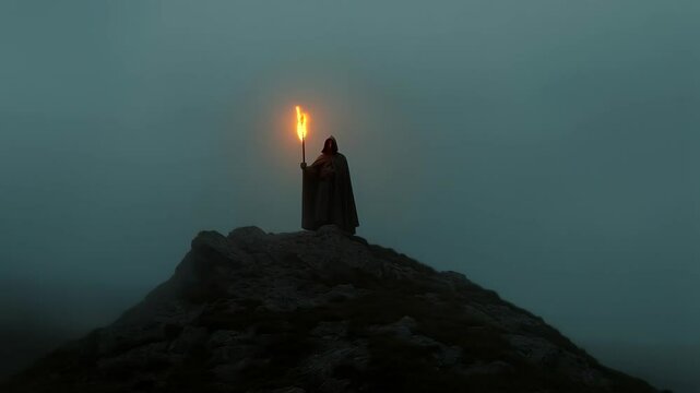 Mysterious hooded figure with glowing torch standing on mountain peak at night in foggy weather. Dark fantasy atmosphere for book cover, game design or mysterious story concept