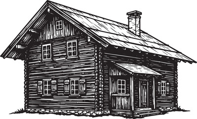 Detailed Black and White Illustration of a Rustic Wooden Log Cab