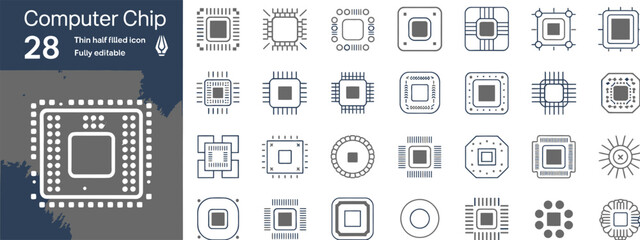 Collection of computer chip icons isolated on a white background