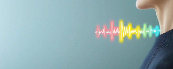 Colorful sound wave visualization near human neck with blue background, creative audio concept expressing voice