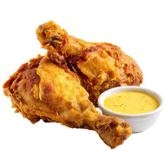 Crispy fried chicken drumsticks served with creamy dipping sauce, perfect for delicious meal or snack. Enjoy savory flavors and crunchy texture