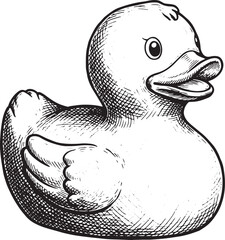 A detailed illustration of a rubber duck in black and white, per
