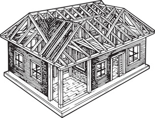 Detailed black and white illustration of a house under construct