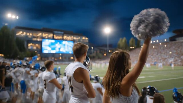 Dynamic high school football game featuring enthusiastic cheerleaders and passionate fans.
