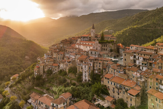 Aerial view of the picturesque hilltop town of Apricale, Liguria, northern Italy