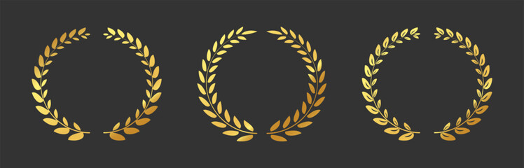 Obraz premium Gold laurel wreaths. Circular awards with leaf frame decoration. Ranking, trophy design elements on black.