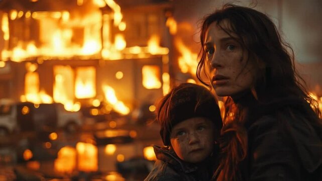 Worried woman holding child escaping from burning building during massive fire disaster at night.