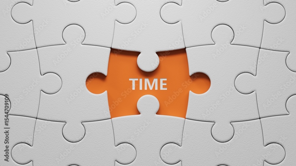 Poster time.the white puzzle pieces with missing pieces spelling.flat lay view from above on the white puzz