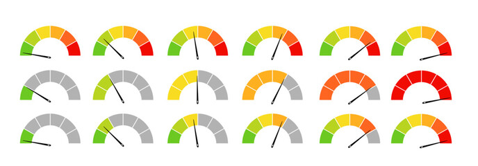 Diagram Scale Meter or Rating Meter. Speedometer, gauge meter icons. Vector scale, level. Speed dial indicator. PNG
