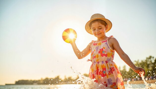Young girl playing with a ball and splashing water at the beach