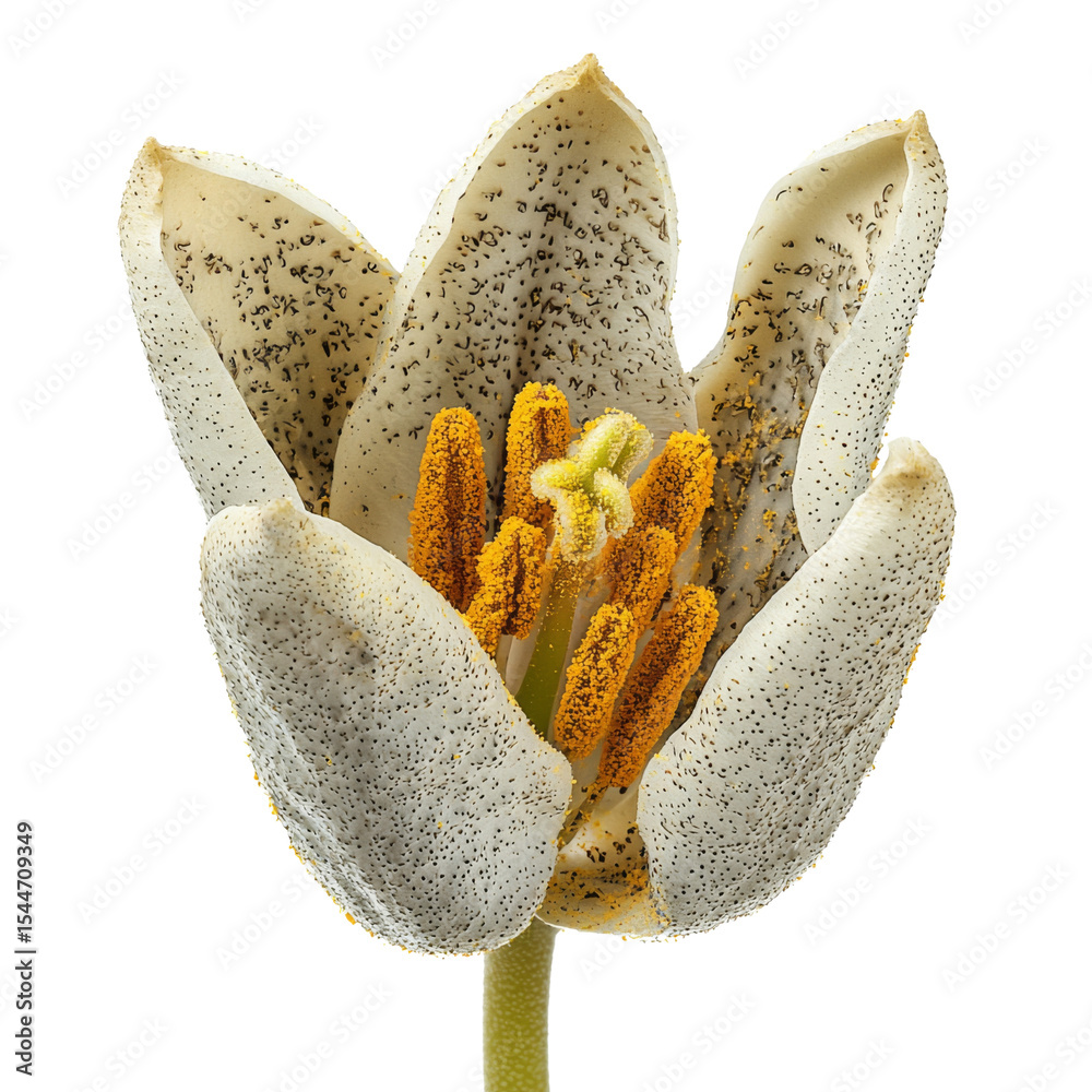 Poster close up of unique flower with intricate patterns and vibrant yellow stamens, showcasing its delicat