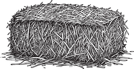 Detailed illustration of a hay bale in black and white against a