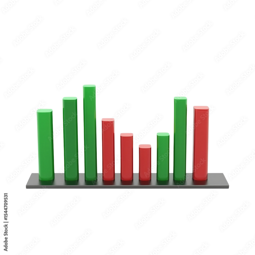 Poster 3D bar graph with green and red bars representing data trends