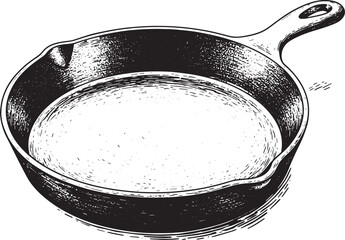 Detailed black and white illustration of a cast iron skillet for