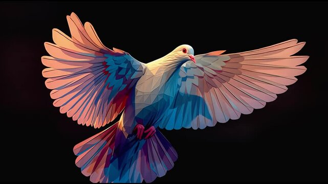 A glowing dove in flight, a Christian symbol of the Holy Spirit, peace, and hope. The bird is dramatically lit with warm and cool light against a solid black background.