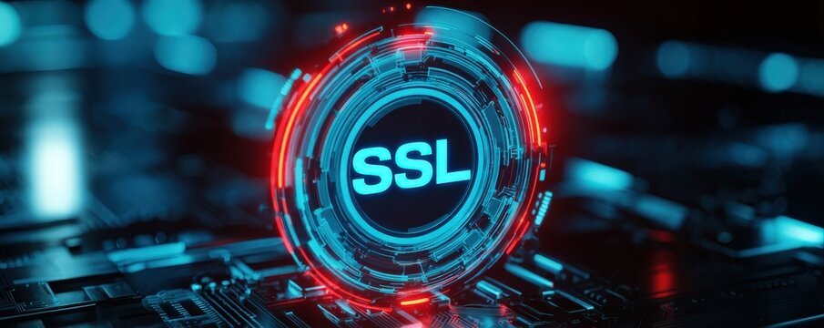 A digital representation of SSL security technology, featuring a glowing circular interface and futuristic circuit board elements in blue and red tones.
