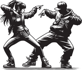 Dynamic hip-hop duo performing street dance in a woodcut style i