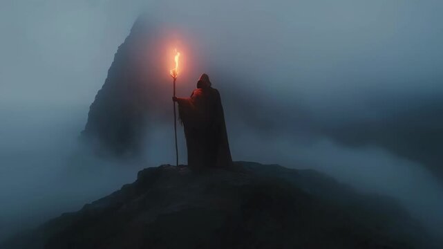 Mysterious cloaked figure with glowing staff standing on foggy mountain peak at dusk. Dark fantasy atmospheric scene with mystic silhouette and moody weather. Medieval magical concept