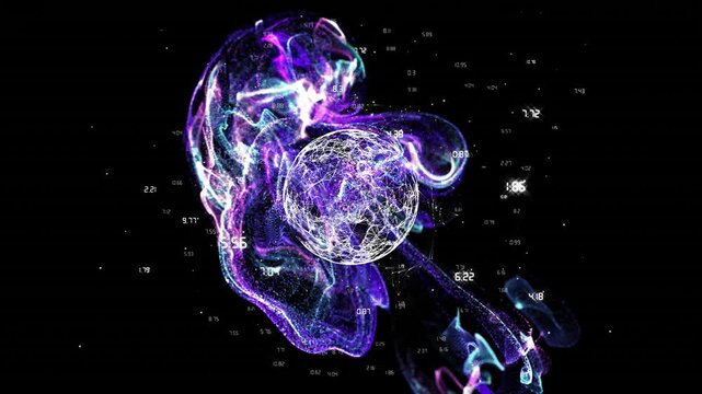 Black frame showing wireframe orb forming data points drifting and plasma swirling visualizing data