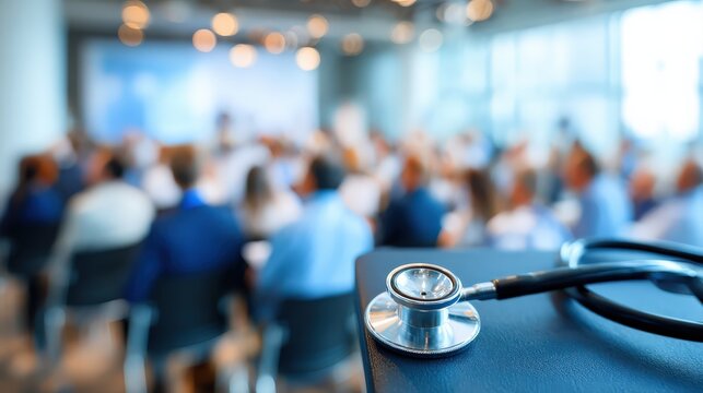 A stethoscope rests on a table in the foreground as a medical seminar with attendees takes place in a bright, modern conference room.