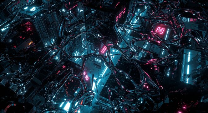 Abstract futuristic cityscape with neon lights and reflective surfaces in a dark environment