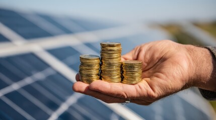A hand holds multiple stacks of coins against a backdrop of solar panels, symbolizing investment and savings in renewable energy.