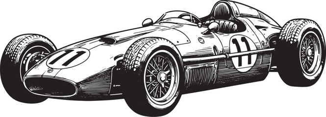 Vintage Formula 1 Race Car Illustration in Black and White on Wh