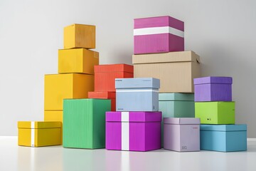 Colorful shipped boxes neatly stacked in a bright, organized studio setting.