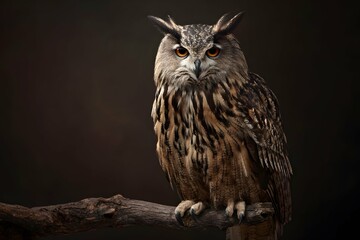 A soulful owl gazes intensely from its rustic perch, revealing quiet wisdom and mystery.
